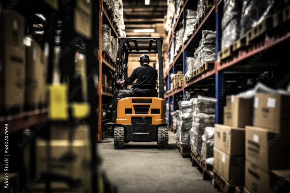 Man driving forklift at aisle of mega modern warehouse, AI generated