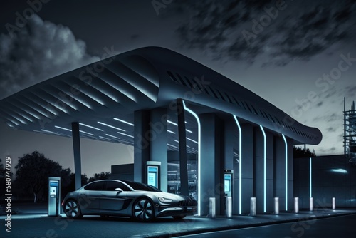 EV car charging with charger at electric charge station at night, Generative AI