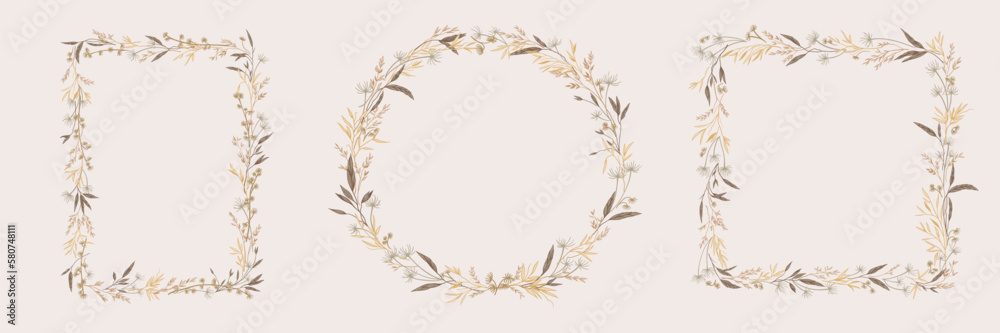Botanical set frames with herbs. Wreath with dry grass. Natural  tones. Vector illustration. Line art. Layout border for invitations card, postcards, logos, covers, labels.