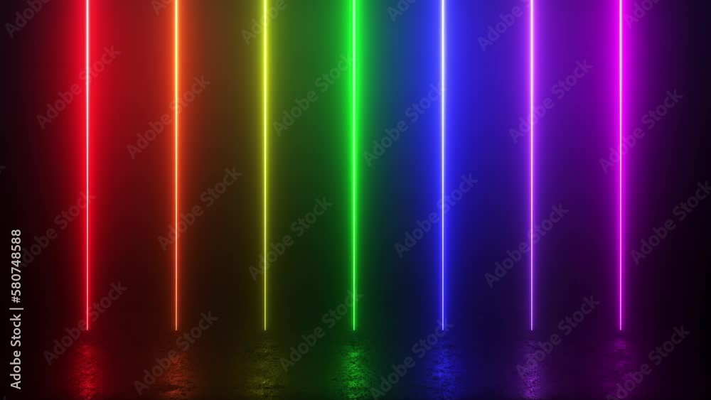 3d render neon glowing rainbow laser lines abstract background. Seamless loop