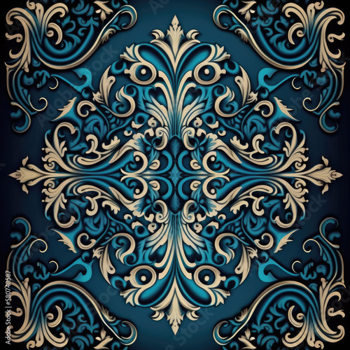 Seamless Damask style pattern background, vintage, rich ornament, luxury, AI generated