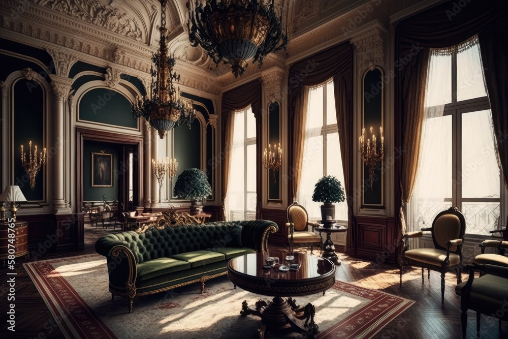 Luxury living room interior with high ceilings, ornate moldings, and large windows surrounded by opulence and extravagance furniture, AI generated