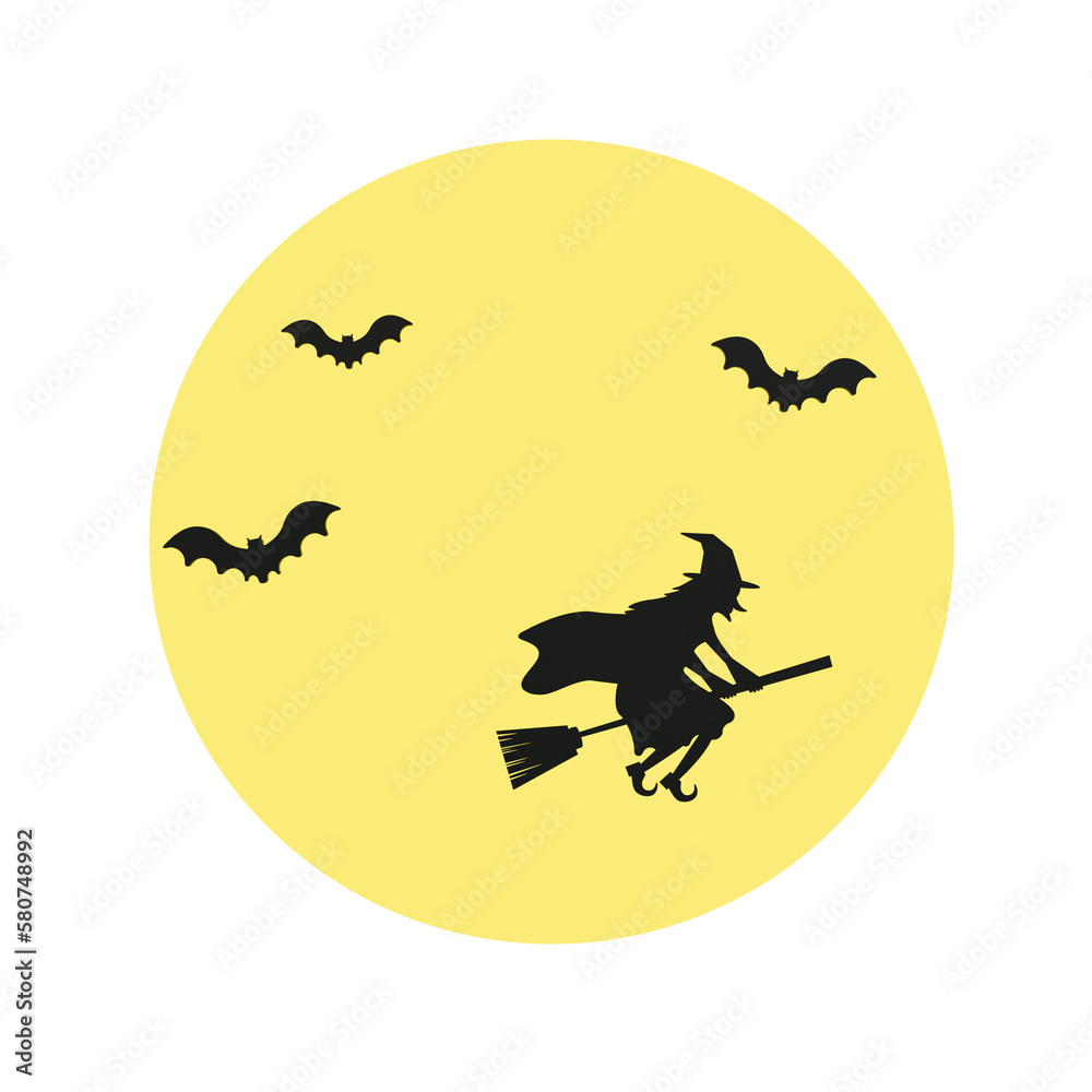 3d minimal full moon with a bat and witch shadow. Halloween decoration. 3d illustration. 3d minimal full moon with a bat and witch shadow. Halloween decoration. 3d illustration.