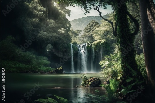 Beautiful waterfall, magnificent mountains and lots of greenery AI