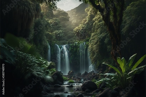 Beautiful waterfall  magnificent mountains and lots of greenery AI
