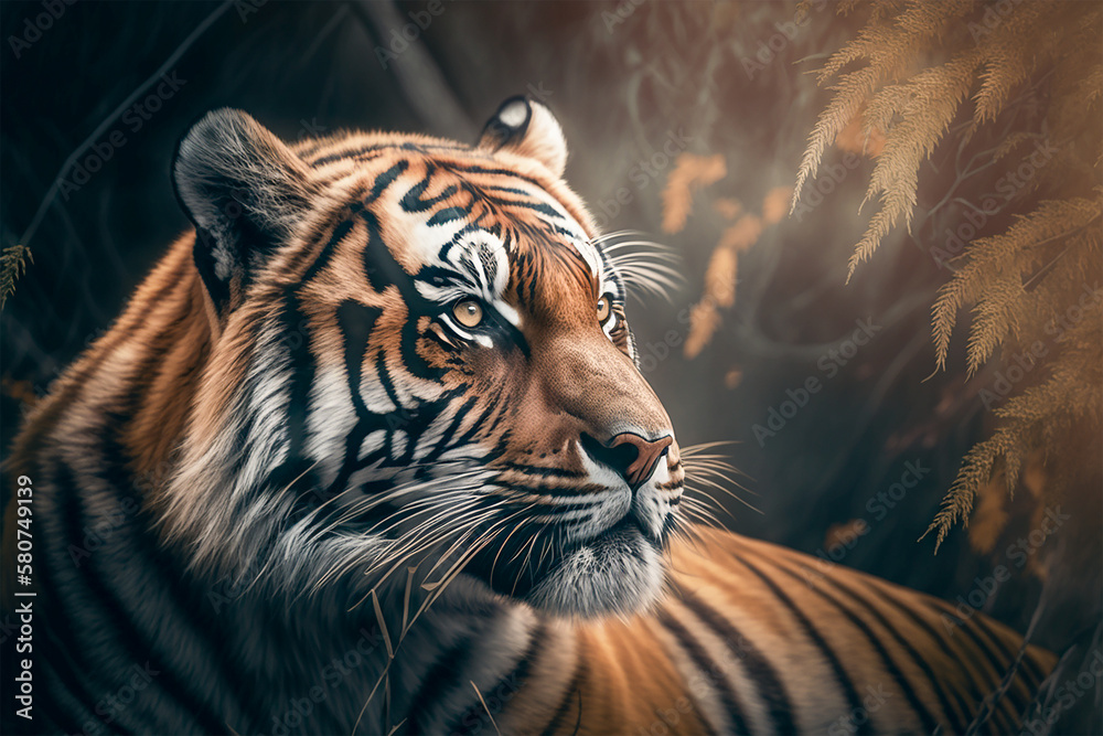 Tiger in nature. Generative AI
A digital painting of a tiger in a natural environment.
