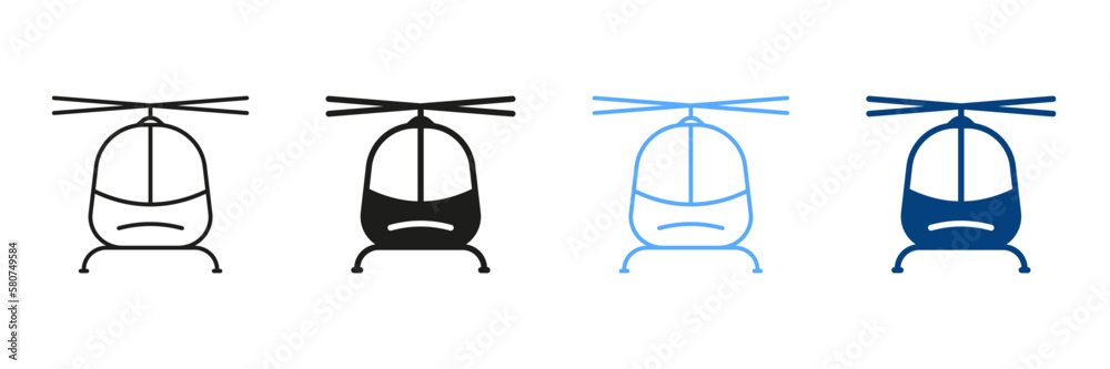 Helicopter Line And Silhouette Color Icons Set. Pictogram Of Air Transport. Collection Of Solid and Outline Symbols Of Military Aircraft on White Background. Isolated Vector Illustration