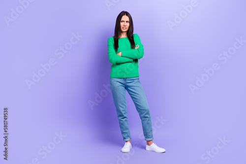 Full size photo of depressed lady have misunderstanding crossed arms offended look side isolated purple color background