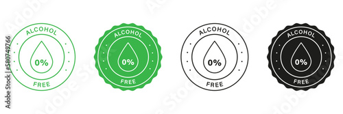 No Alcohol In Beauty Product Stamp Set. Zero Percent Alcohol-Free Labels. Natural Cosmetic Stickers for Alcohol Free Products. Droplet In Round Seal No Alcohol Icon. Isolated Vector Illustration