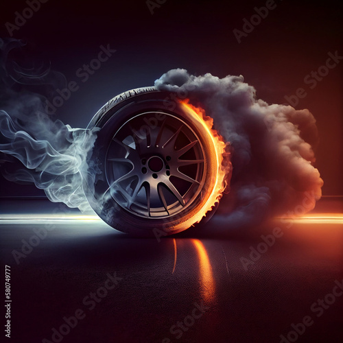 Burning car disk with tire on black background