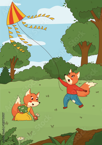 Fototapeta Naklejka Na Ścianę i Meble -  cartoon foxes playing in the forest glade