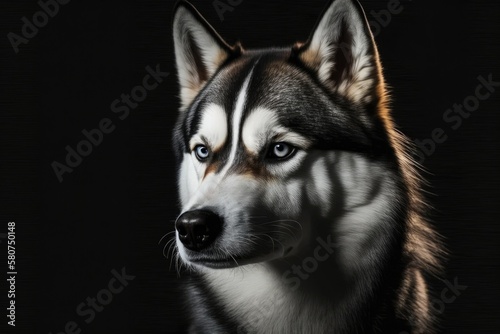 A black background with the face of a Siberian husky. Generative AI