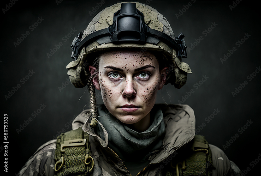 Portrait of a strong Ukrainian woman in a soldier's uniform on a dark background, generative ai
