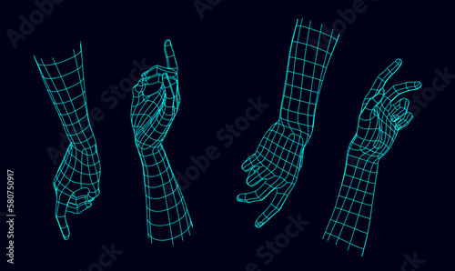 Polygonal Mesh or Wireframe Hands and Gestures, Set 3