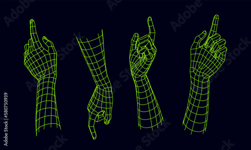 Polygonal Mesh or Wireframe Hands and Gestures, Set 4