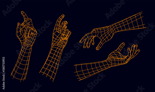 Polygonal Mesh or Wireframe Hands and Gestures, Set 5