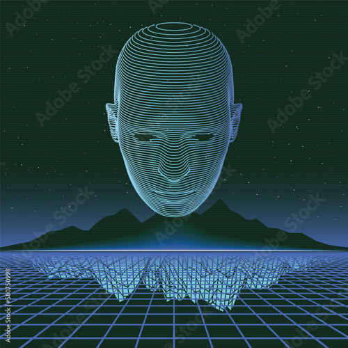 Retro 80s Futuristic Deep Space Design. Face Hologram Over Laser Grid and Mountains