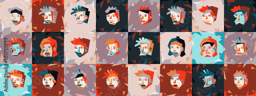 Abstract geometric faces in the Cubist style - large vector set.