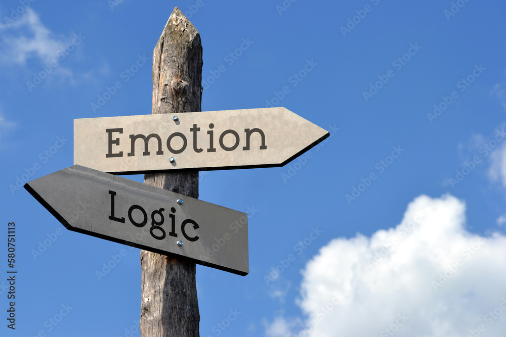 Emotion or logic - wooden signpost with two arrows, sky with clouds Emotion or logic - wooden signpost with two arrows, sky with clouds
