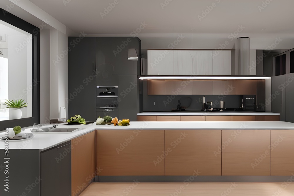 Fototapeta premium Stylish interior of modern kitchen 8k - generative ai