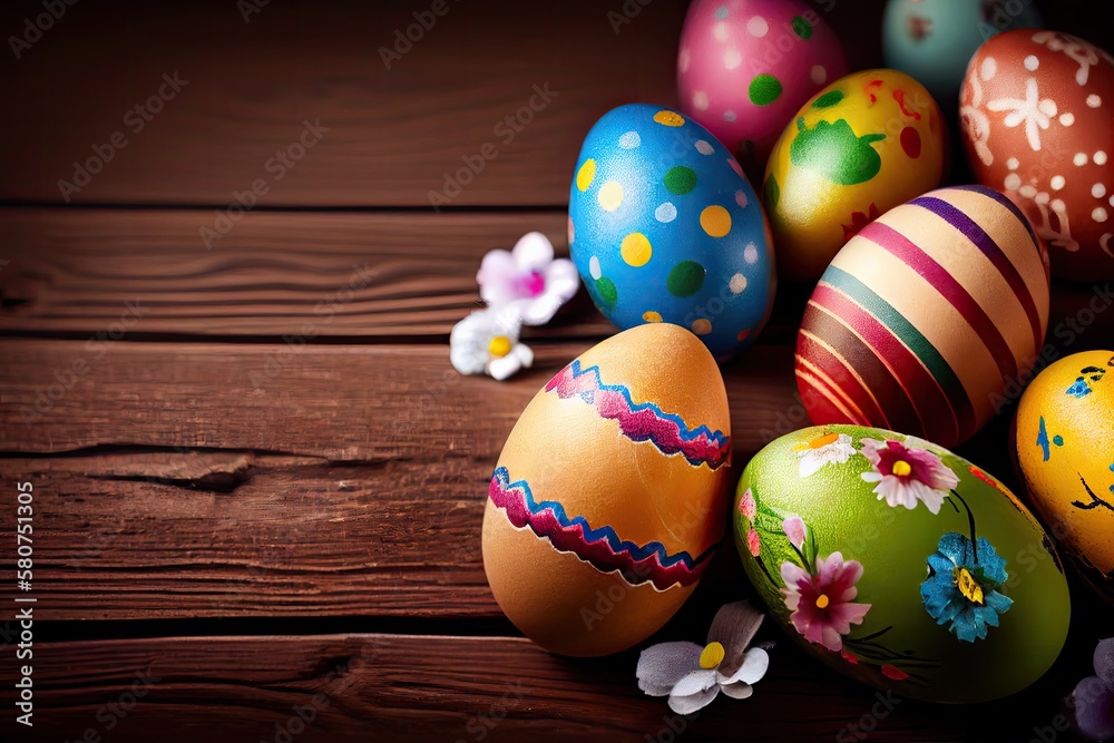 Fototapeta premium Easter eggs on wooden background. Generative AI.