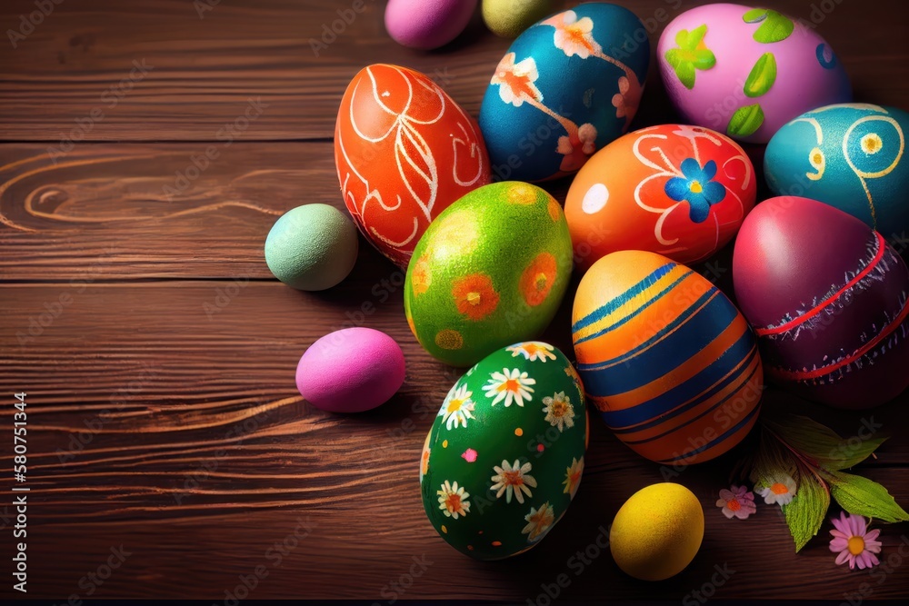 Easter eggs on wooden background. Generative AI. Easter eggs on wooden background. Generative AI.