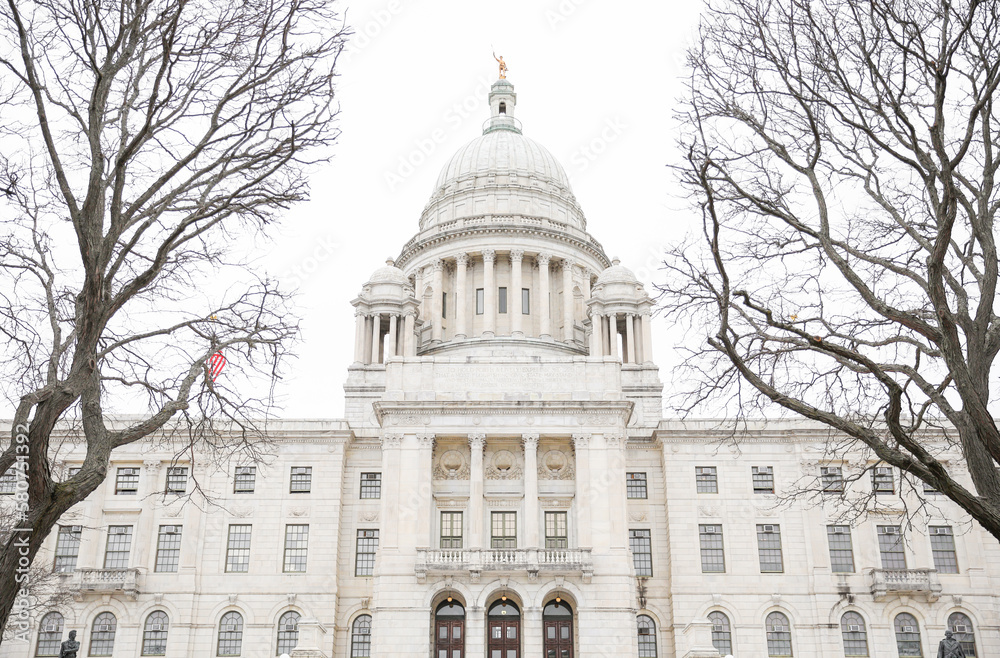 Rhode Island state house as the state capitol and monument symbolizing america as united states in the downtown area 
