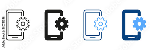 Updating Operating System, Repair Mobile Phone Pictogram. Update Smartphone Line and Silhouette Icon Set. Setting Up Smartphone Symbol Concept. Gear and Mobile Sign. Isolated Vector Illustration