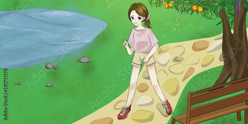 Cartoon drawing. Woman running in the green garden with tree and pool. Run for healthy and strange. Sport girl run in the green park.