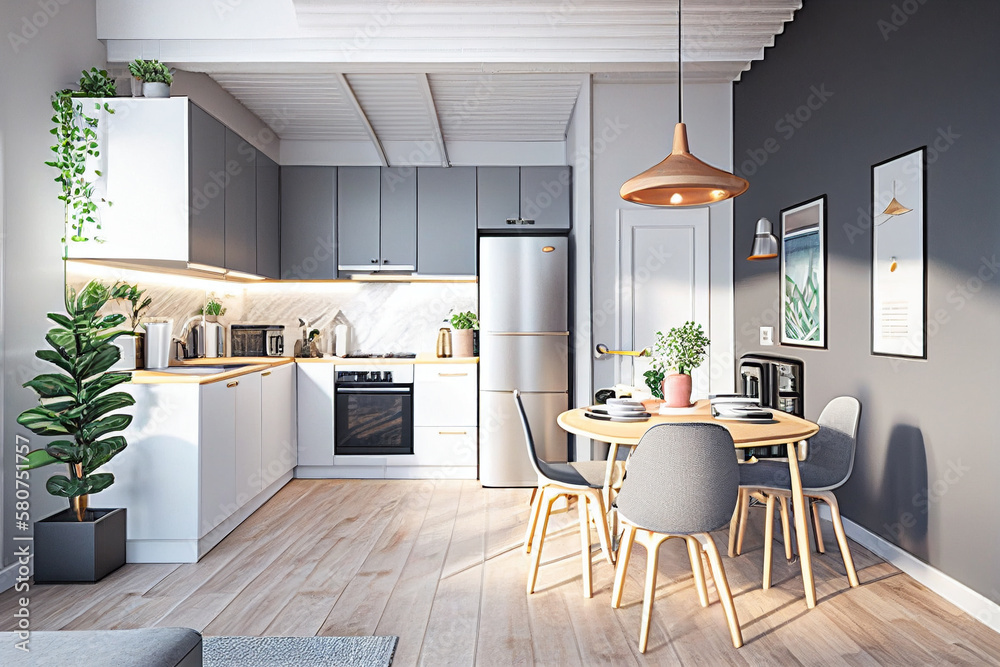Fototapeta premium Concept of scandinavian style kitchen in pastel mint and pink colors. AI generated illustration
