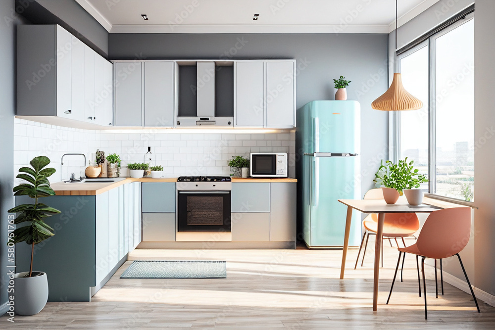 Concept of scandinavian style kitchen in pastel mint and pink colors. AI generated illustration Concept of scandinavian style kitchen in pastel mint and pink colors. AI generated illustration