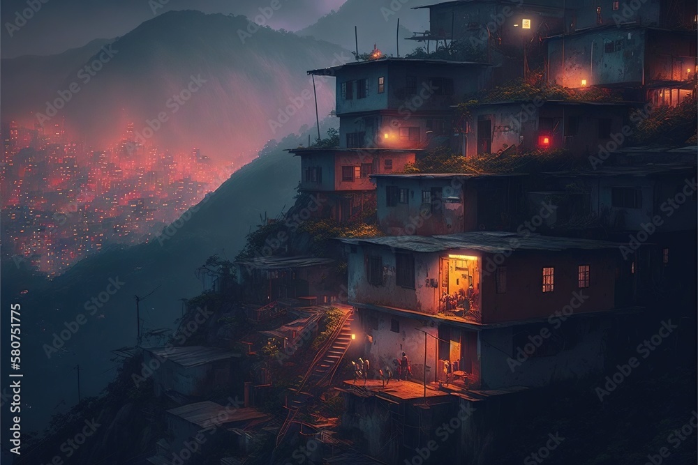 old houses on the hills in the evening at sunset AI