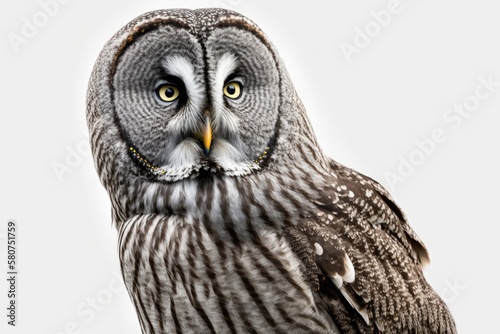 Portrait of a very large owl called a Great Grey Owl or Lapland Owl (Strix nebulosa) standing in front of a white background. Generative AI