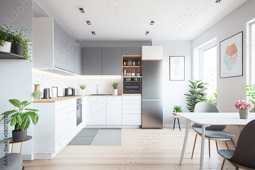 Concept of scandinavian style kitchen in pastel mint and pink colors. AI generated illustration © vector_master
