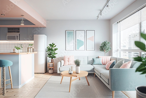 Concept of scandinavian style kitchen in pastel mint and pink colors. AI generated illustration