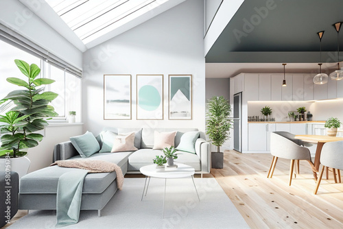 Concept of scandinavian style kitchen in pastel mint and pink colors. AI generated illustration