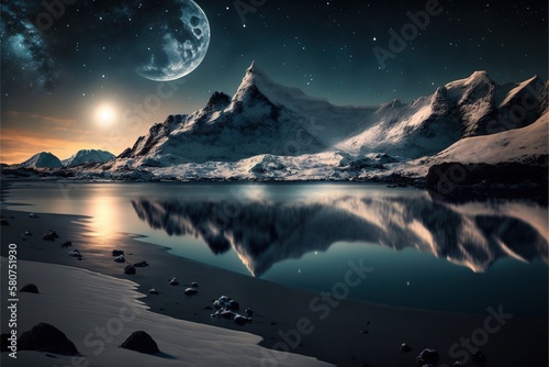 Winter mountains near the river against the backdrop of the night and the big moon AI © Terablete