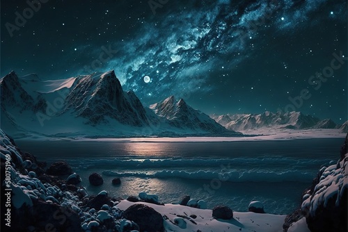 Winter mountains near the river against the backdrop of the night and the big moon AI