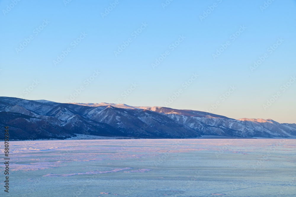 Frozen Lake Baikal During Vanilla Twilight in Siberia, Russia