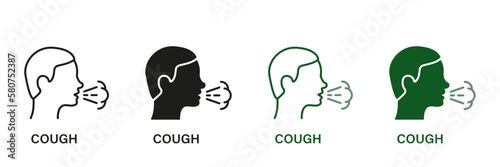 Flu, Cold, Coronavirus Symptoms Symbol Collection. Man Coughing or Sneezing. Cough Line and Silhouette Icon Set. Infectious Diseases, Bronchitis, Tuberculosis Pictogram. Isolated Vector illustration