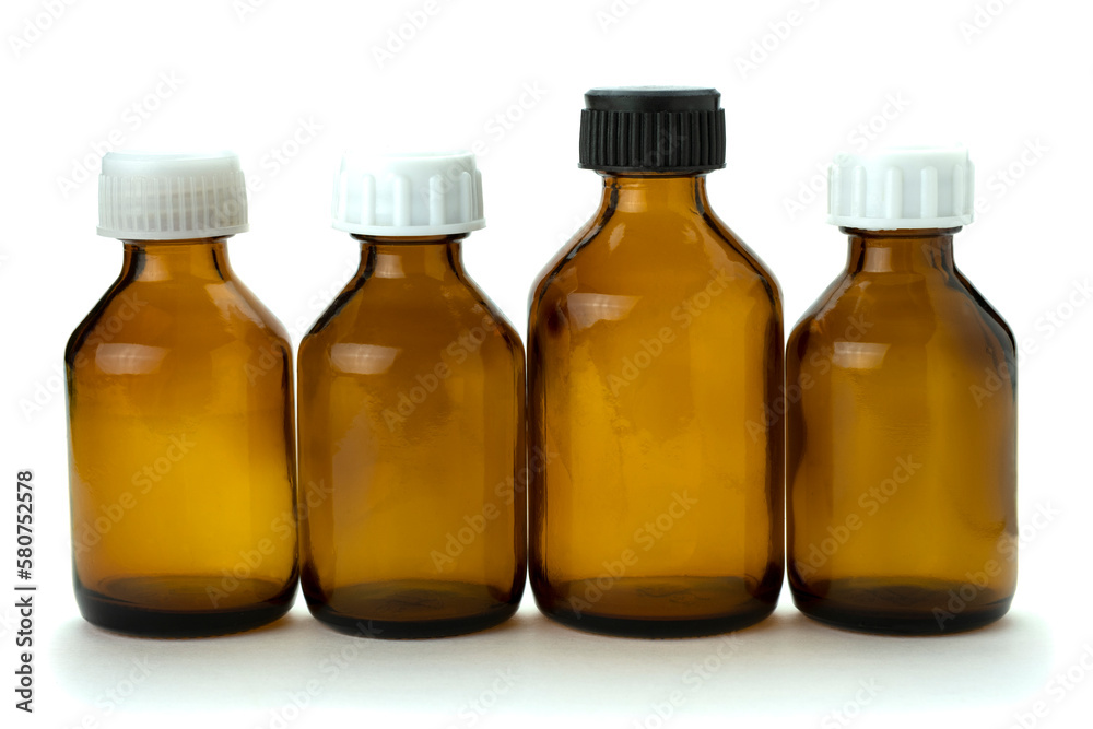 Medical medicine bottle with white and black cap isolated on white background. Medical medicine bottle with white and black cap isolated on white background.