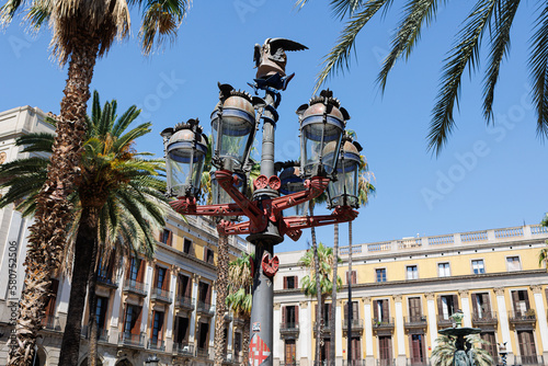 Detail of an Urban Street Lamp in Placa Reial, Royal Square in the Barri Gòtic of Barcelona, Spain photo