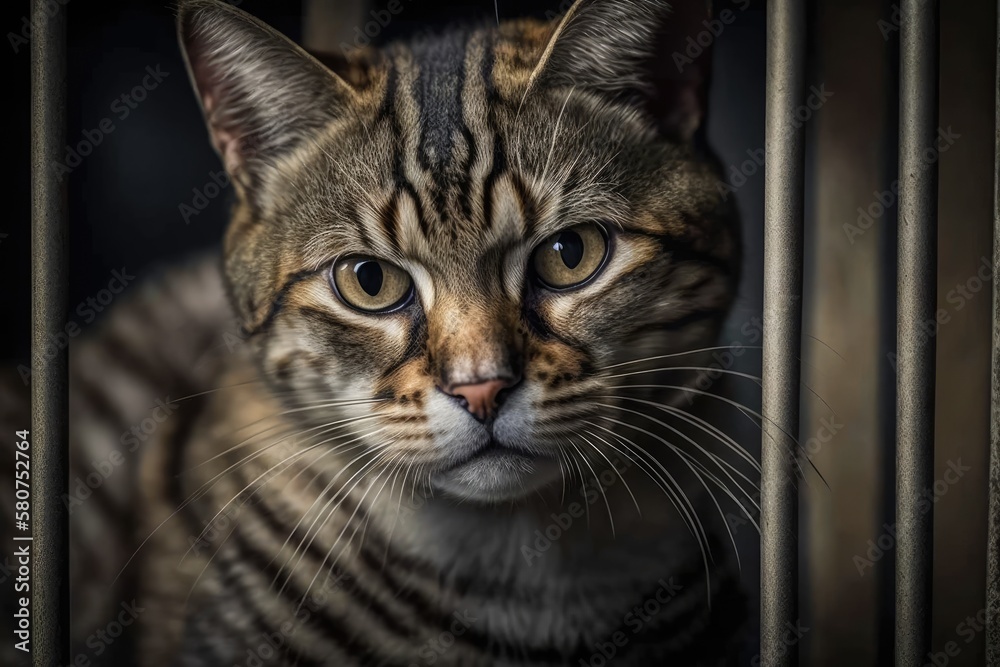 Cat was left in a cage. Pet adoption. The animal shelter had a tabby cat. Generative AI