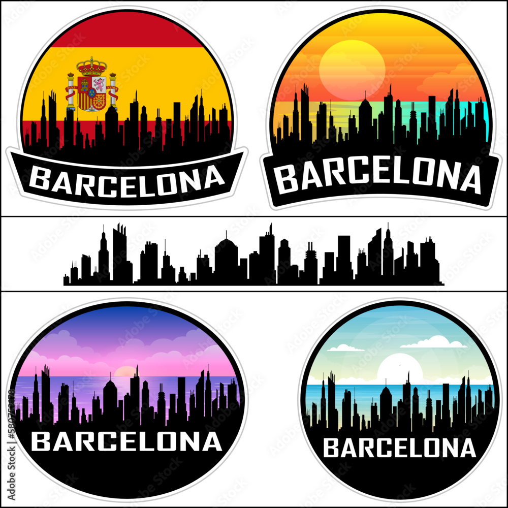 Barcelona Skyline Silhouette Spain Flag Travel Souvenir Sticker Sunset Background Vector Illustration SVG EPS AI