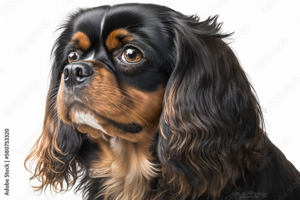 Portrait of a young black and tan Cavalier King Charles Spaniel, set against a white background. Generative AI Portrait of a young black and tan Cavalier King Charles Spaniel, set against a white background. Generative AI