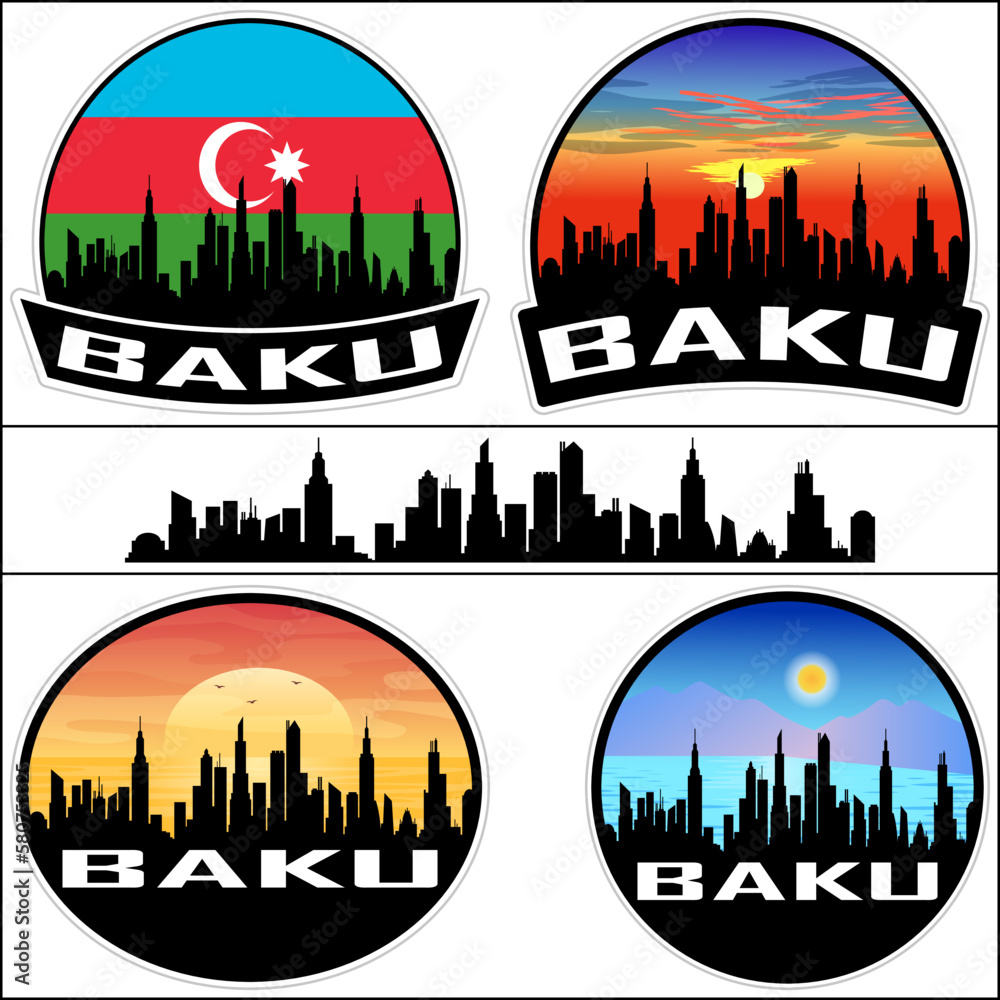 Baku Skyline Silhouette Azerbaijan Flag Travel Souvenir Sticker Sunset Background Vector Illustration SVG EPS AI