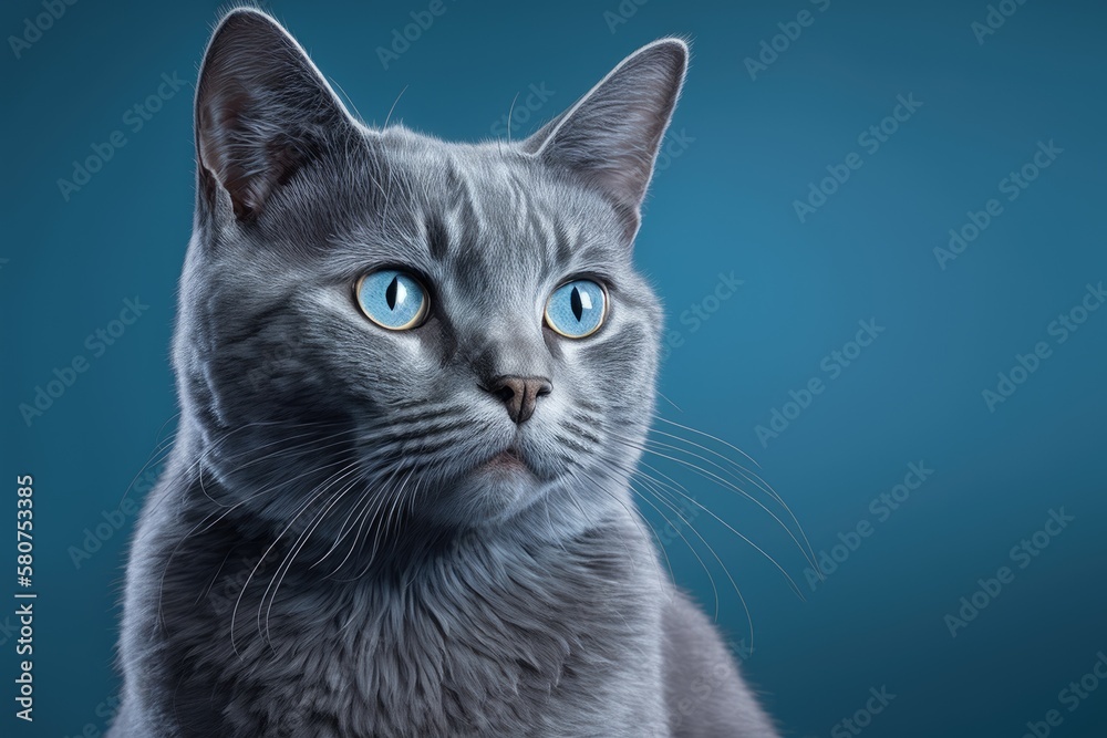 a blue cat from Britain on a blue background. Studio portrait of a cat. Generative AI