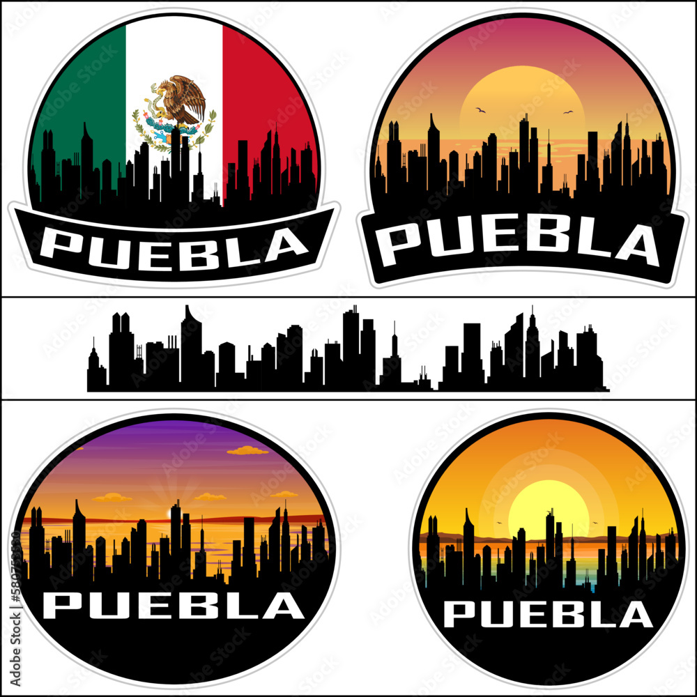 Puebla Skyline Silhouette Mexico Flag Travel Souvenir Sticker Sunset Background Vector Illustration SVG EPS AI