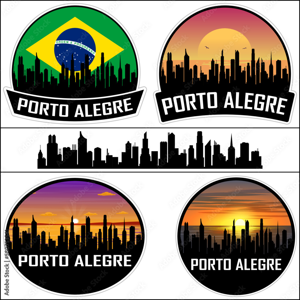 Porto Alegre Skyline Silhouette Brazil Flag Travel Souvenir Sticker Sunset Background Vector Illustration SVG EPS AI