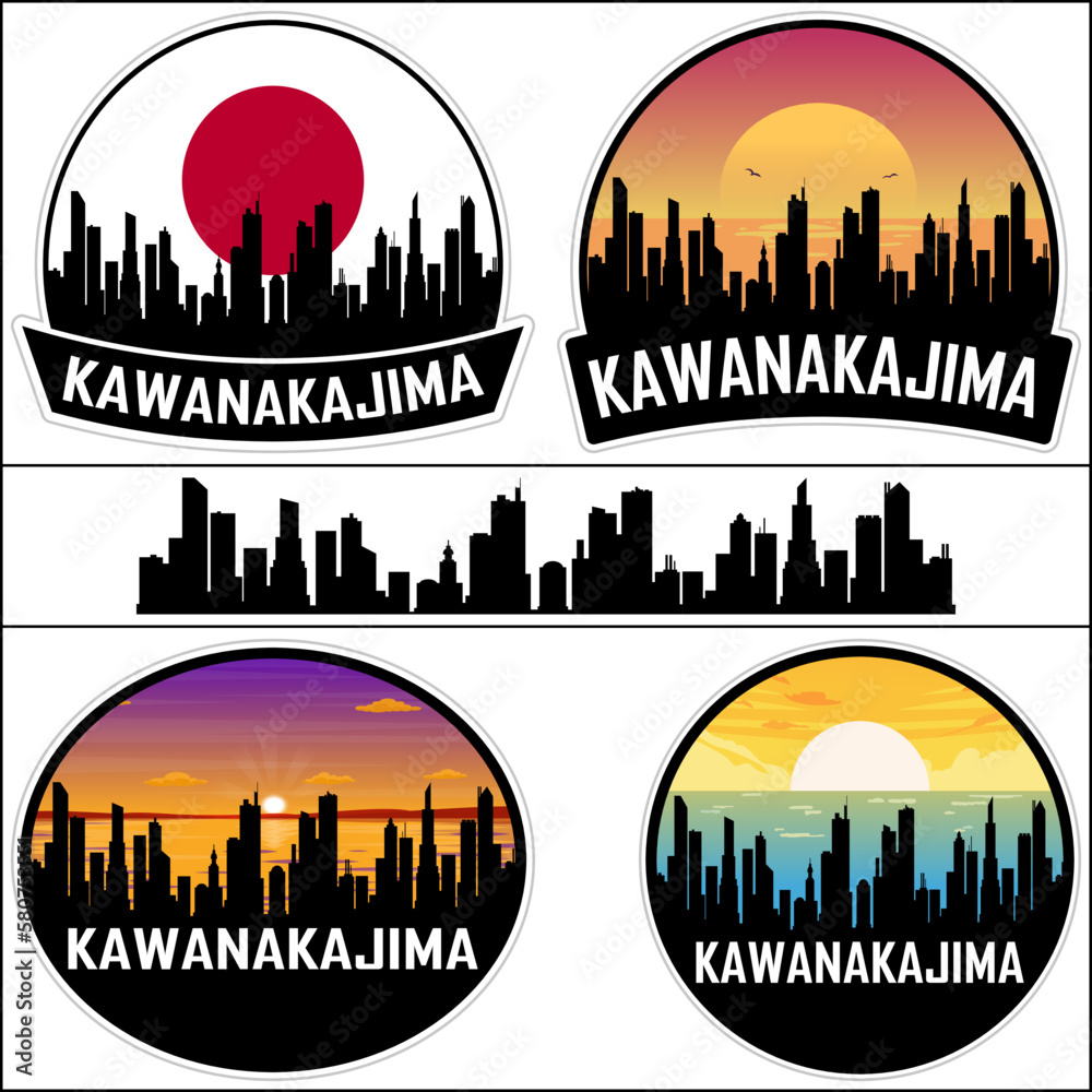Kawanakajima Skyline Silhouette Japan Flag Travel Souvenir Sticker Sunset Background Vector Illustration SVG EPS AI